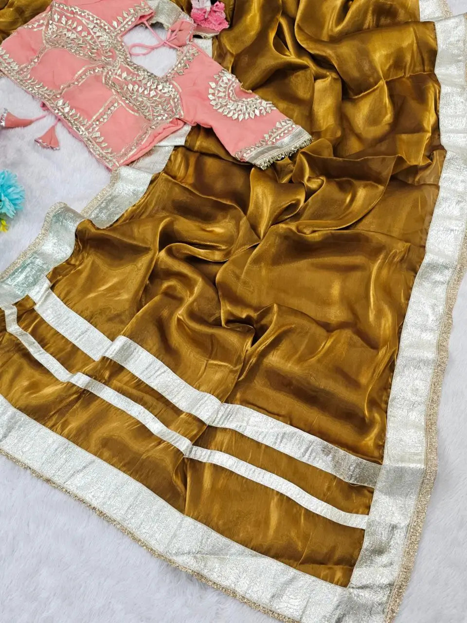 G-MEE Satin Silk Saree with Stitched Aangi Blouse with gota patti work