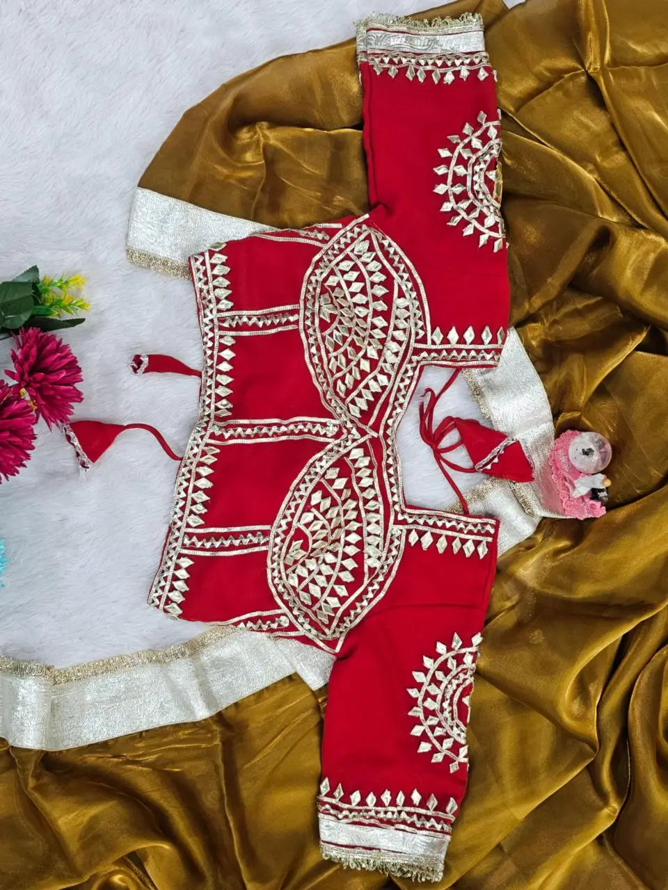 G-MEE Satin Silk Saree with Stitched Aangi Blouse with gota patti work