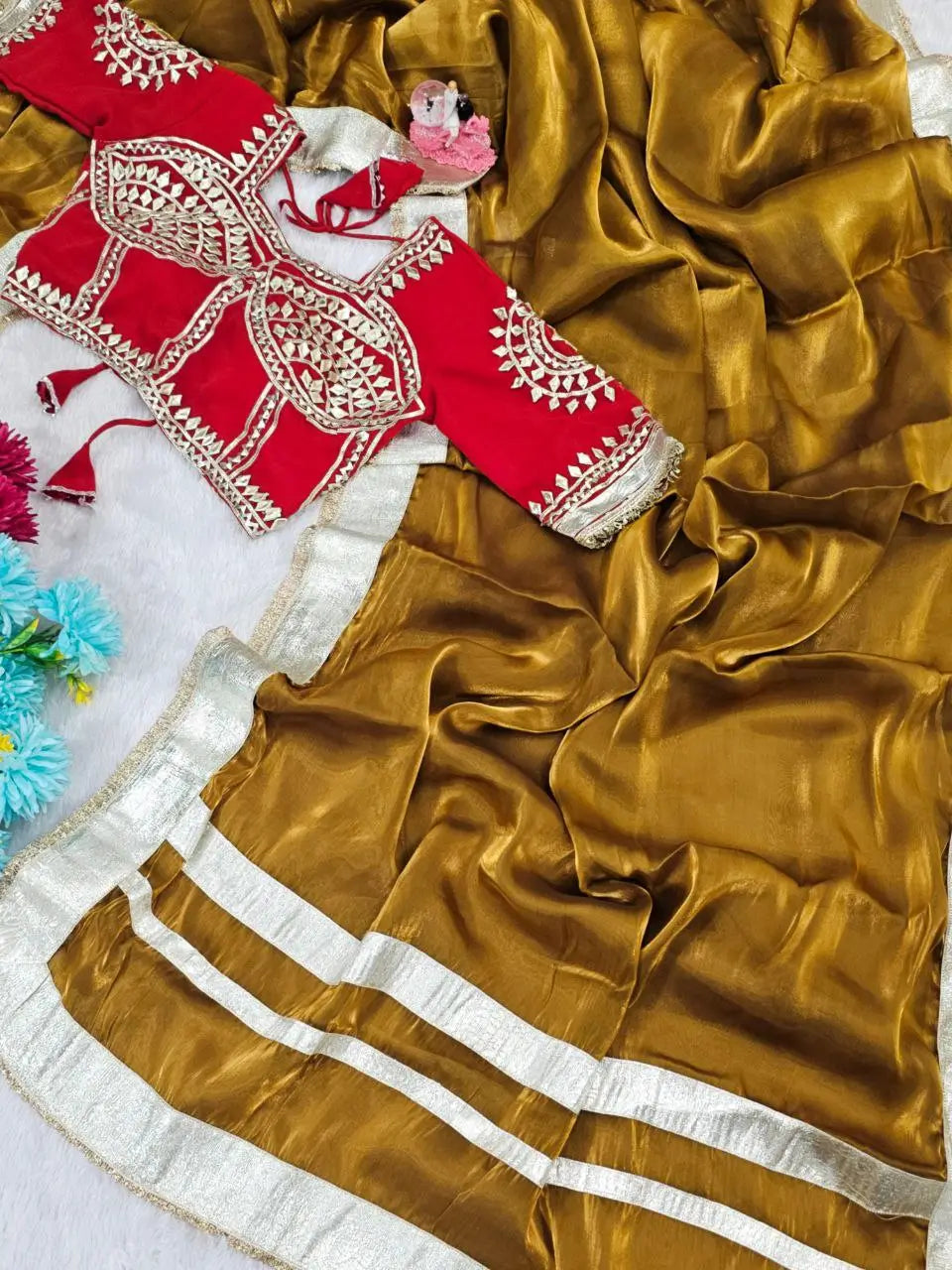 G-MEE Satin Silk Saree with Stitched Aangi Blouse with gota patti work