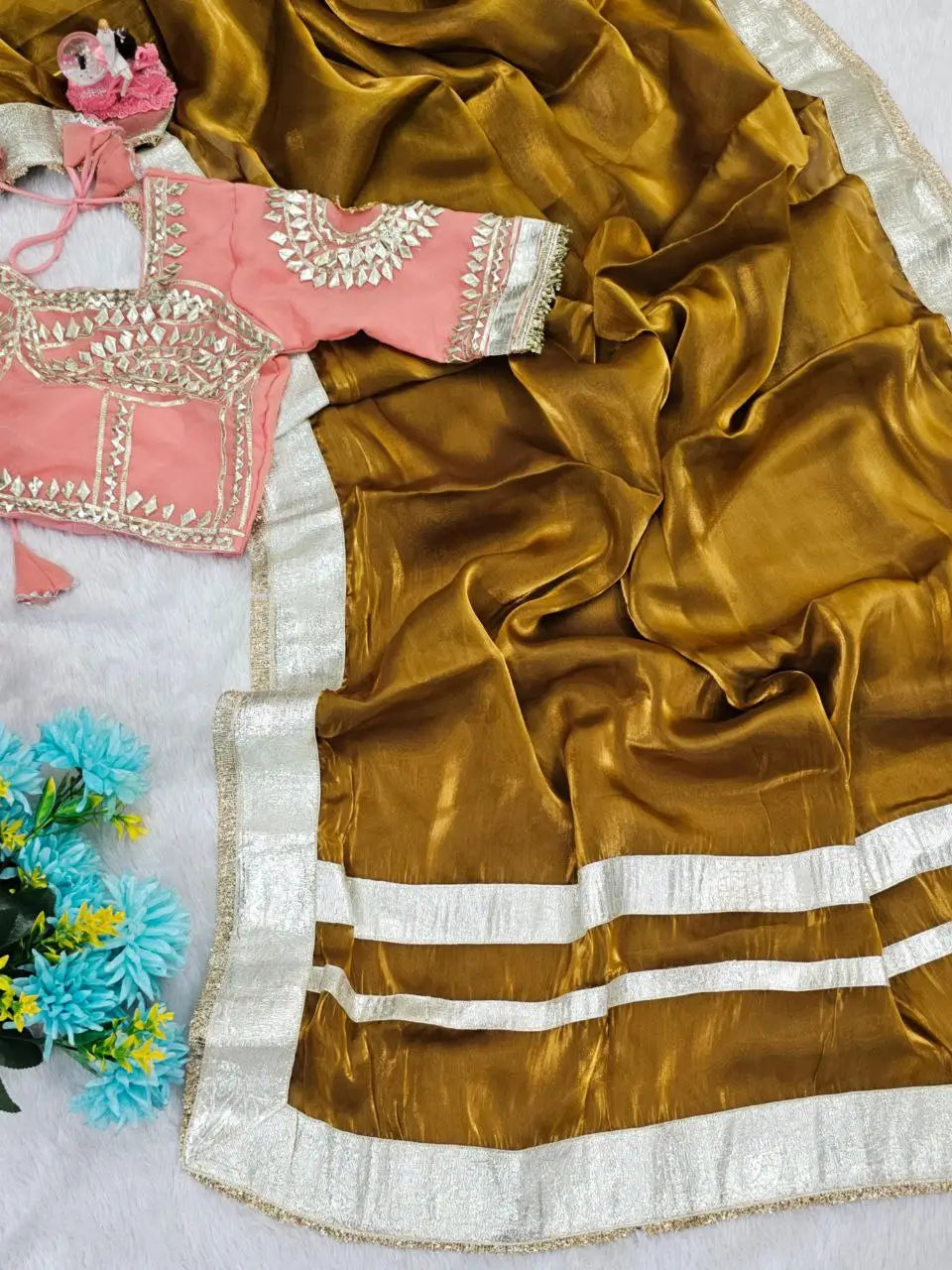 G-MEE Satin Silk Saree with Stitched Aangi Blouse with gota patti work