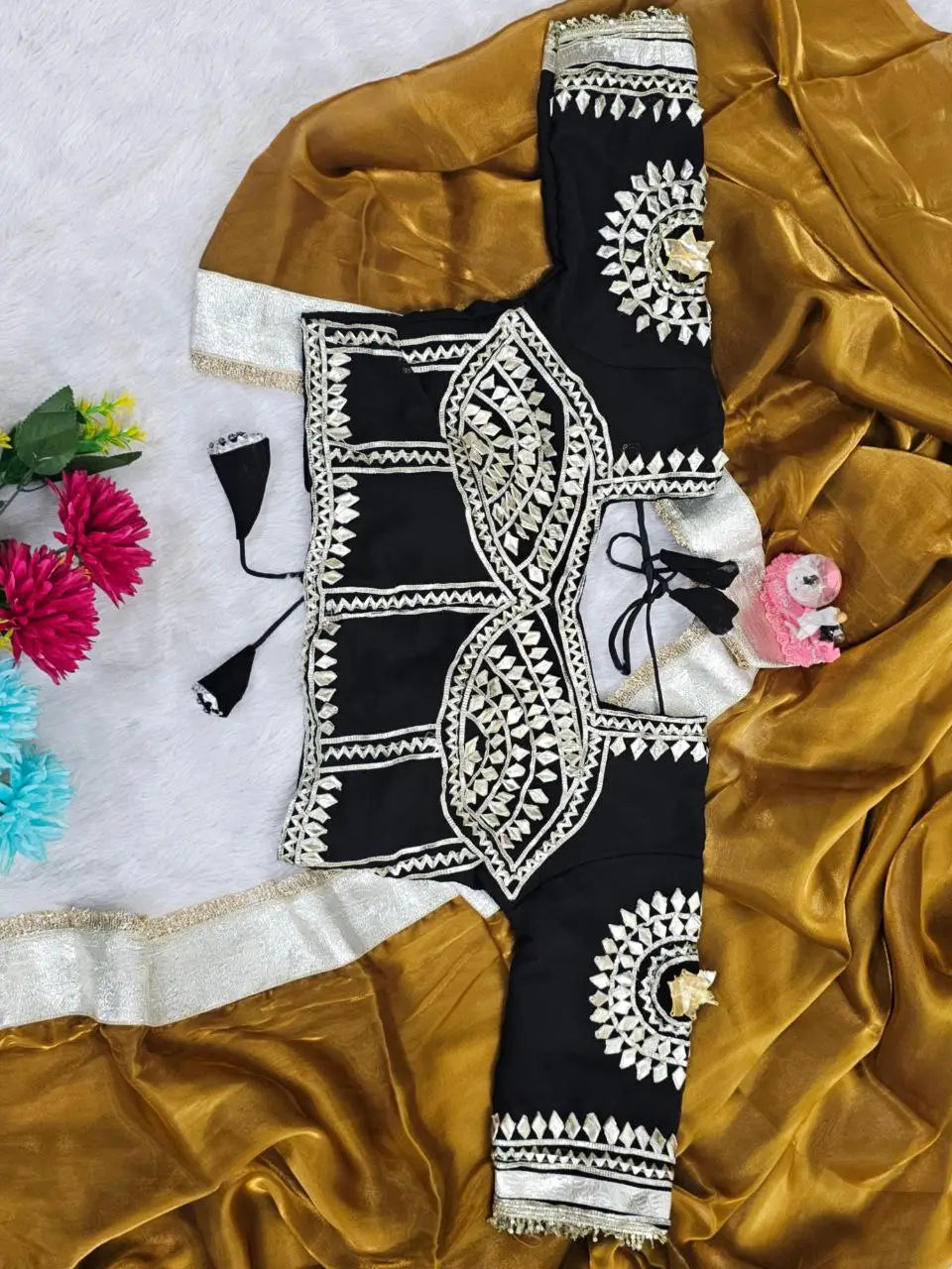 G-MEE Satin Silk Saree with Stitched Aangi Blouse with gota patti work