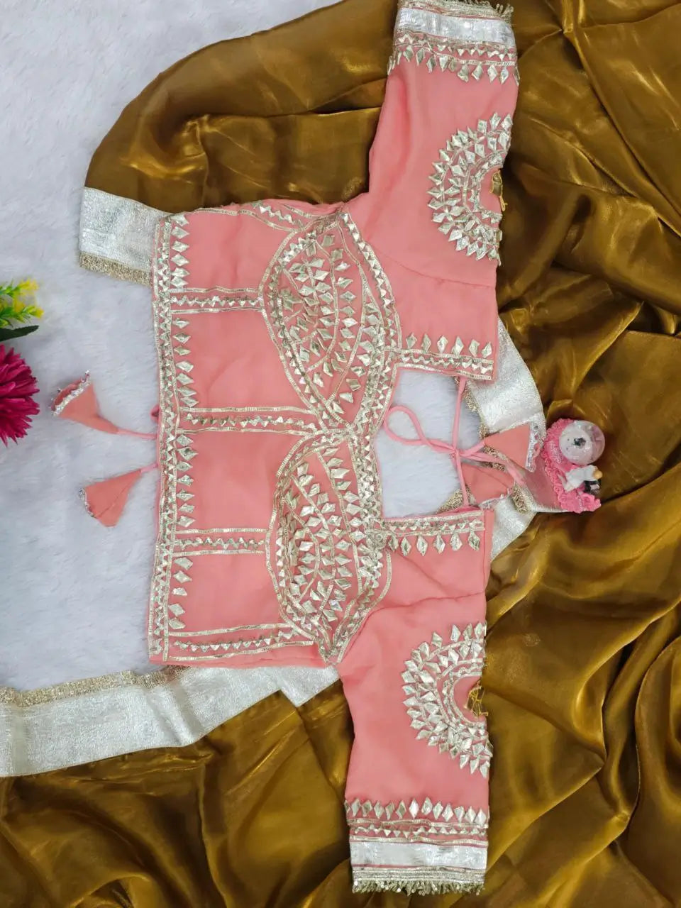 G-MEE Satin Silk Saree with Stitched Aangi Blouse with gota patti work