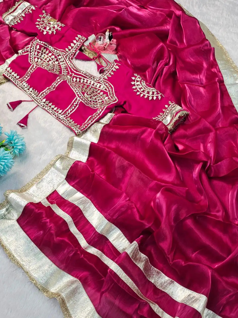 G-MEE Satin Silk Saree with Stitched Aangi Blouse with gota patti work
