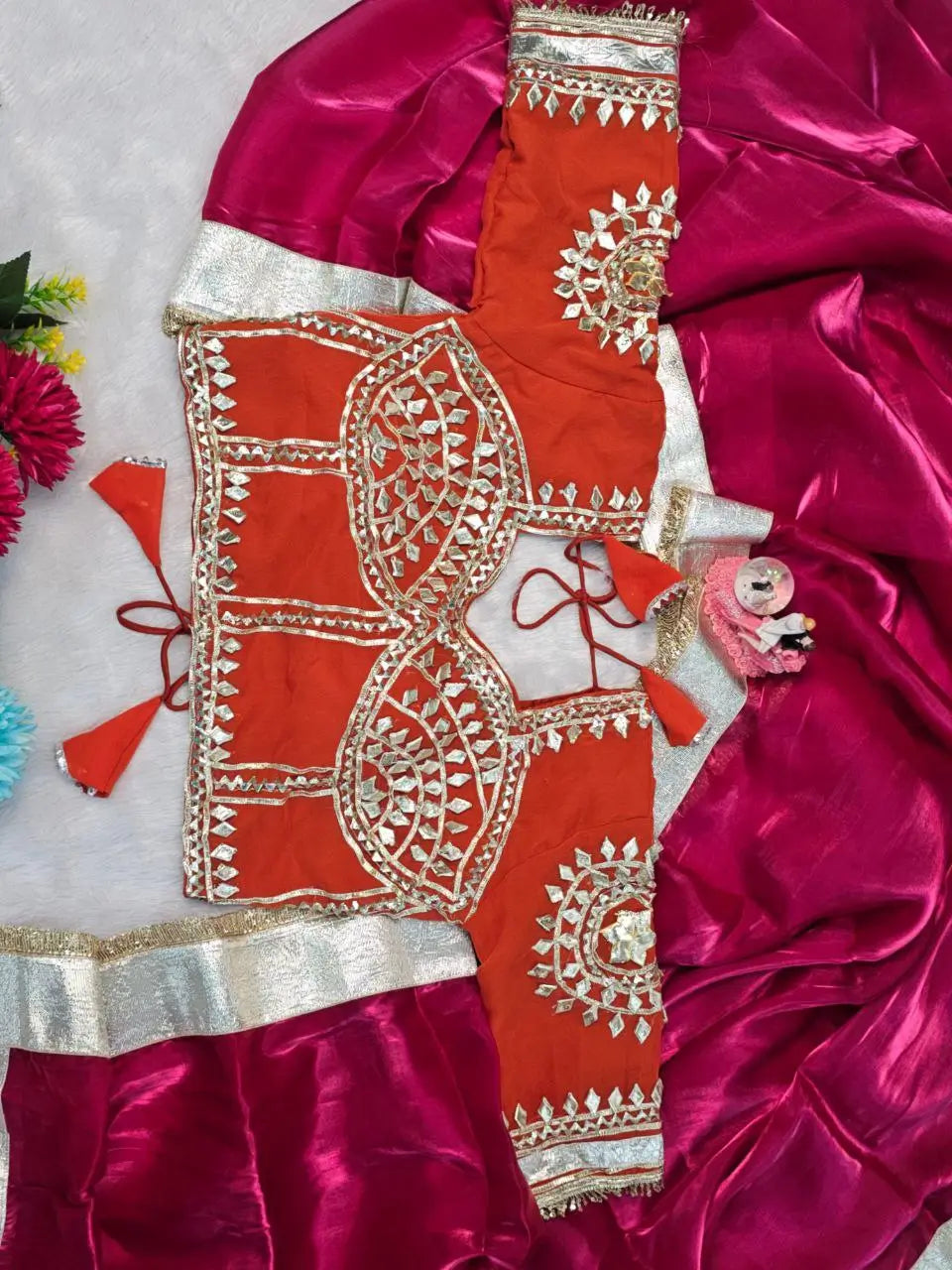 G-MEE Satin Silk Saree with Stitched Aangi Blouse with gota patti work
