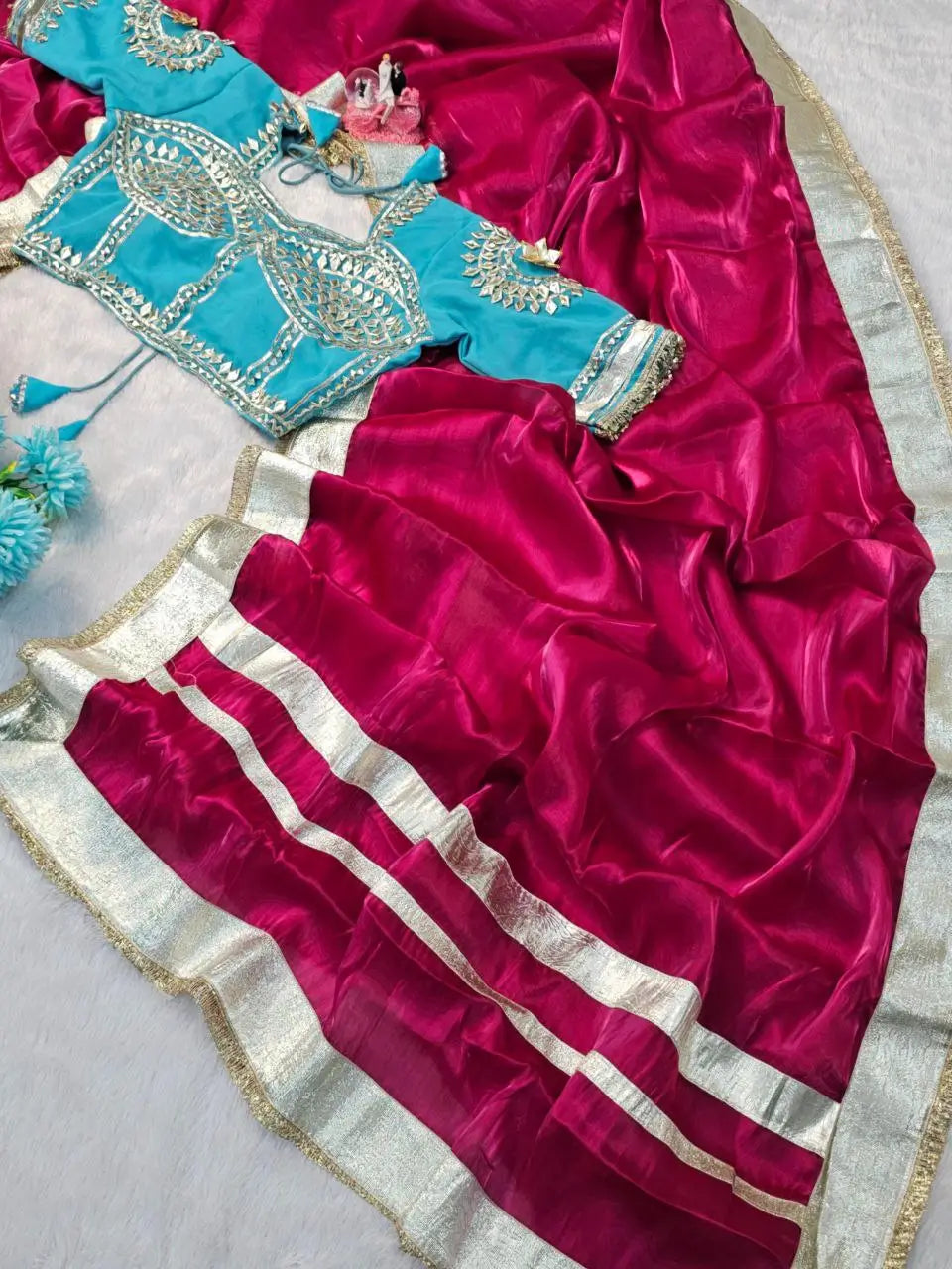 G-MEE Satin Silk Saree with Stitched Aangi Blouse with gota patti work