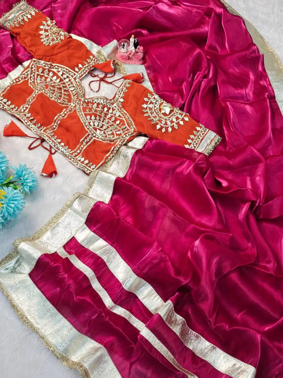 G-MEE Satin Silk Saree with Stitched Aangi Blouse with gota patti work