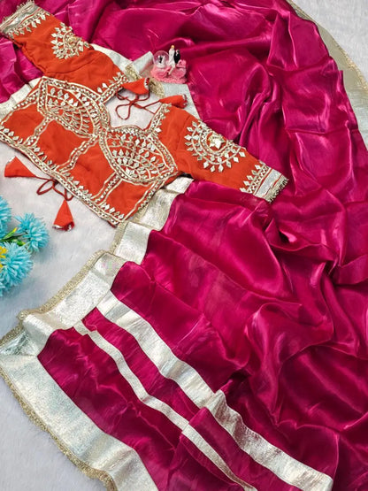 G-MEE Satin Silk Saree with Stitched Aangi Blouse with gota patti work