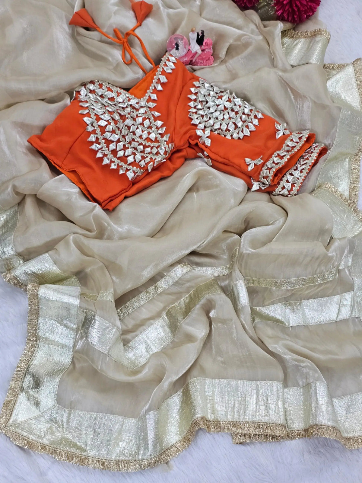 G-MEE Satin Silk Saree with Stitched Aangi Blouse with gota patti work