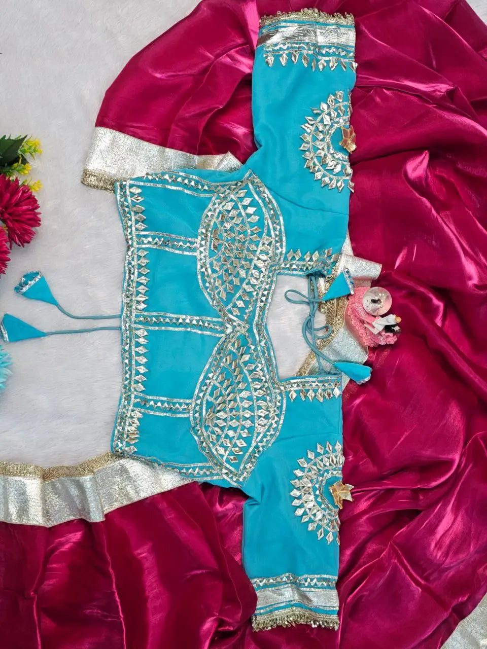 G-MEE Satin Silk Saree with Stitched Aangi Blouse with gota patti work