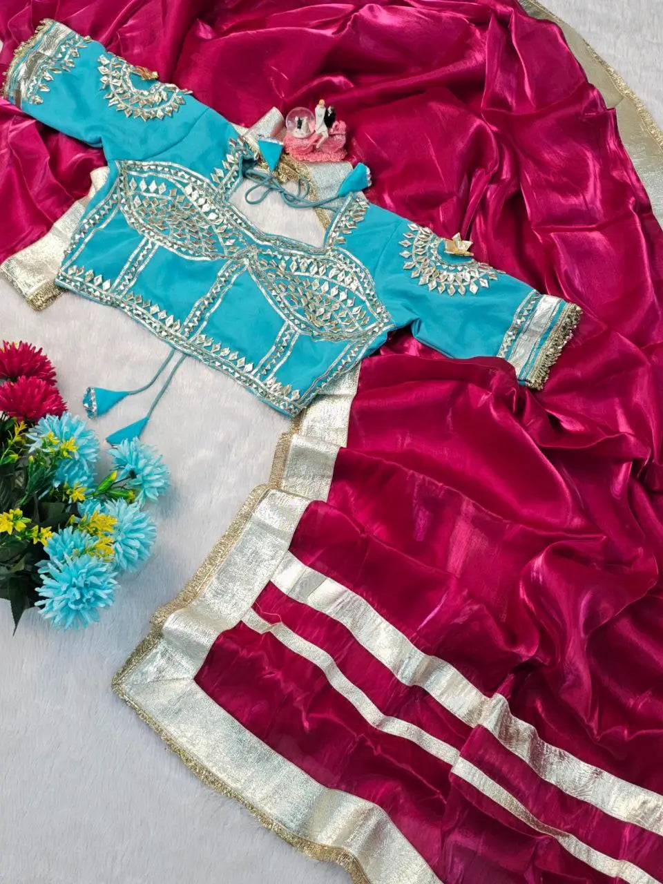 G-MEE Satin Silk Saree with Stitched Aangi Blouse with gota patti work