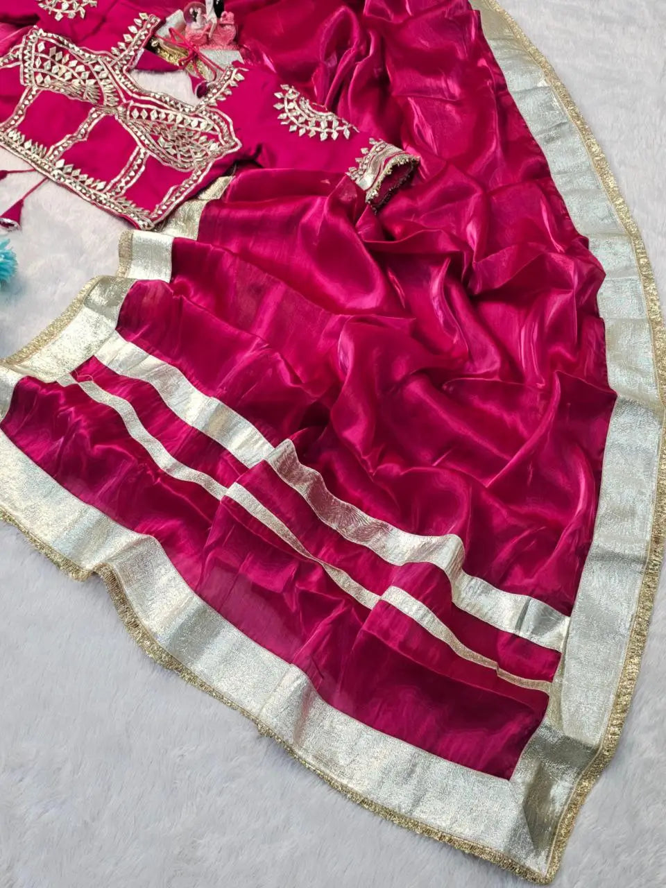 G-MEE Satin Silk Saree with Stitched Aangi Blouse with gota patti work