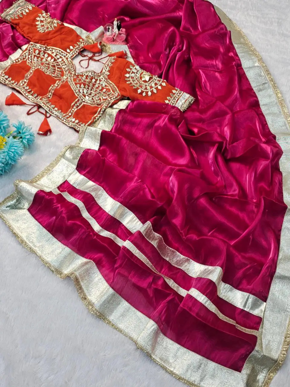 G-MEE Satin Silk Saree with Stitched Aangi Blouse with gota patti work