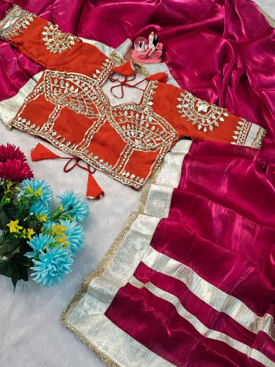 G-MEE Satin Silk Saree with Stitched Aangi Blouse with gota patti work