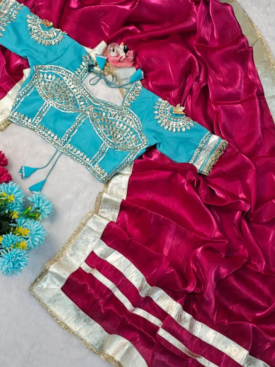 G-MEE Satin Silk Saree with Stitched Aangi Blouse with gota patti work