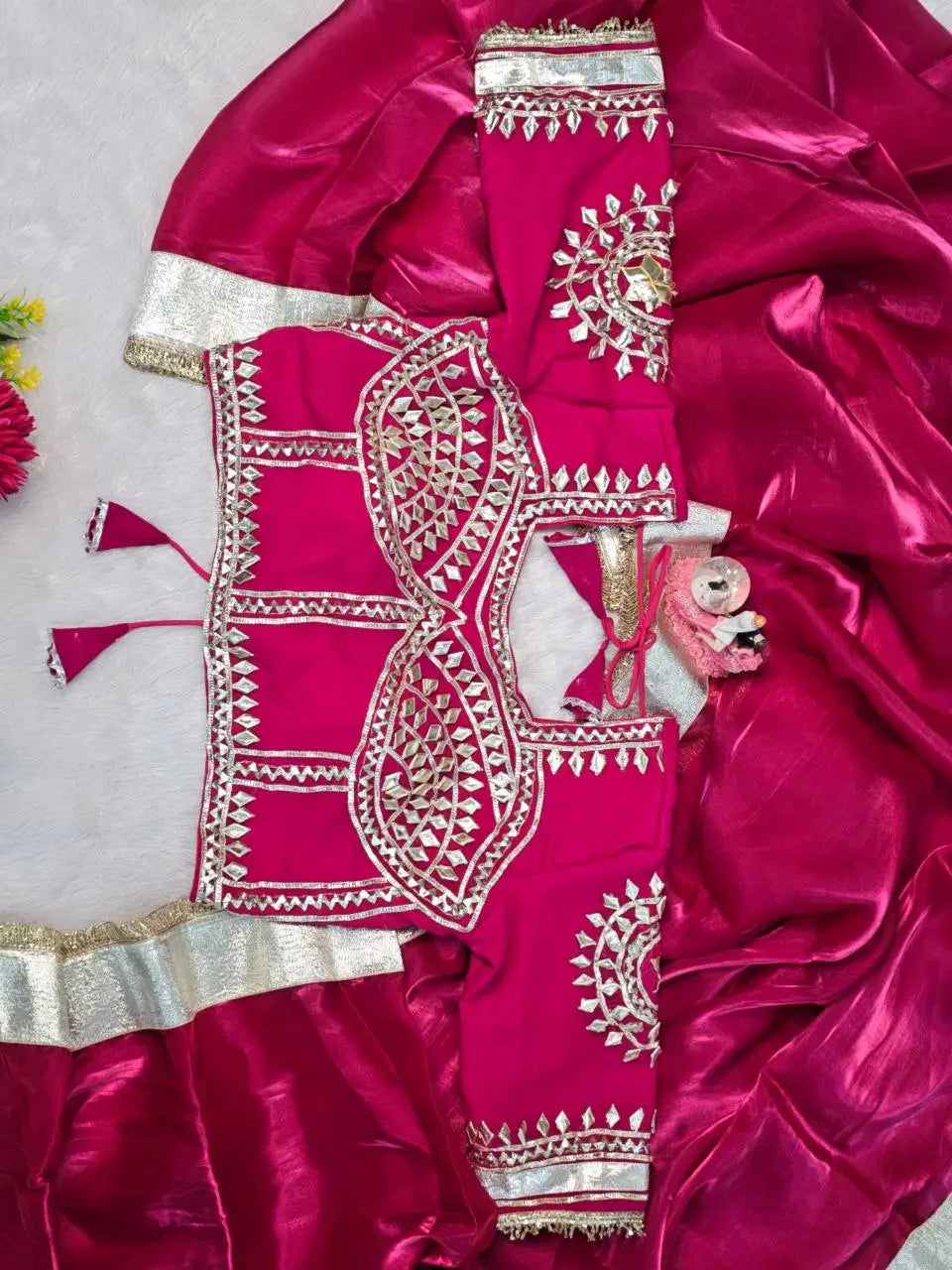 G-MEE Satin Silk Saree with Stitched Aangi Blouse with gota patti work