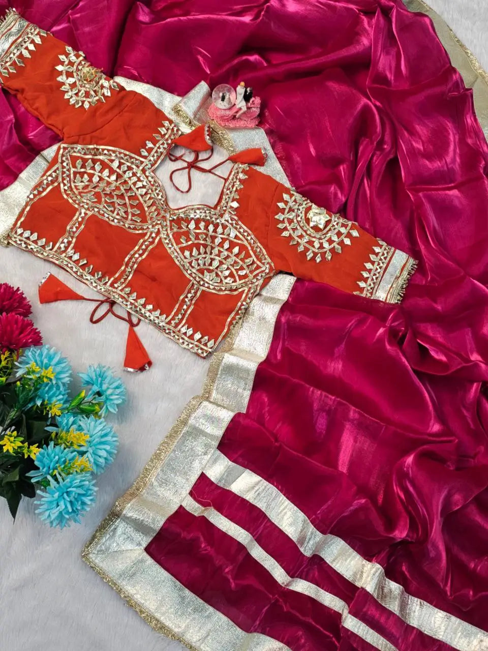 G-MEE Satin Silk Saree with Stitched Aangi Blouse with gota patti work