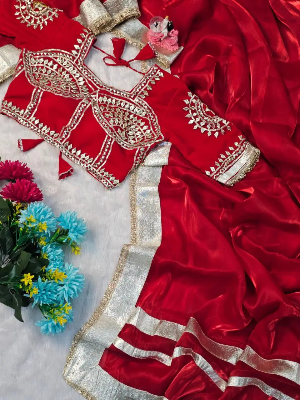 G-MEE Satin Silk Saree with Stitched Aangi Blouse with gota patti work