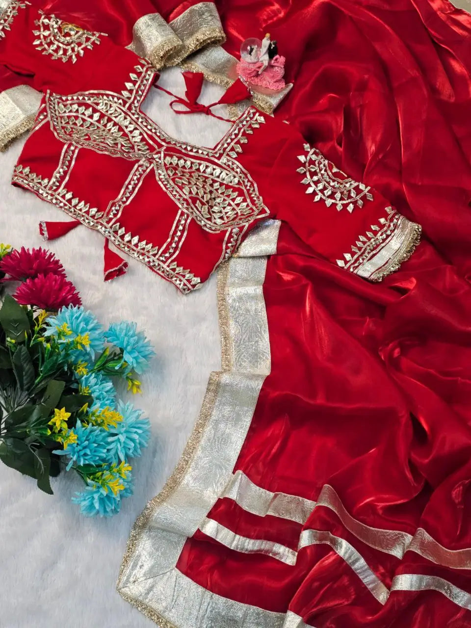 G-MEE Satin Silk Saree with Stitched Aangi Blouse with gota patti work