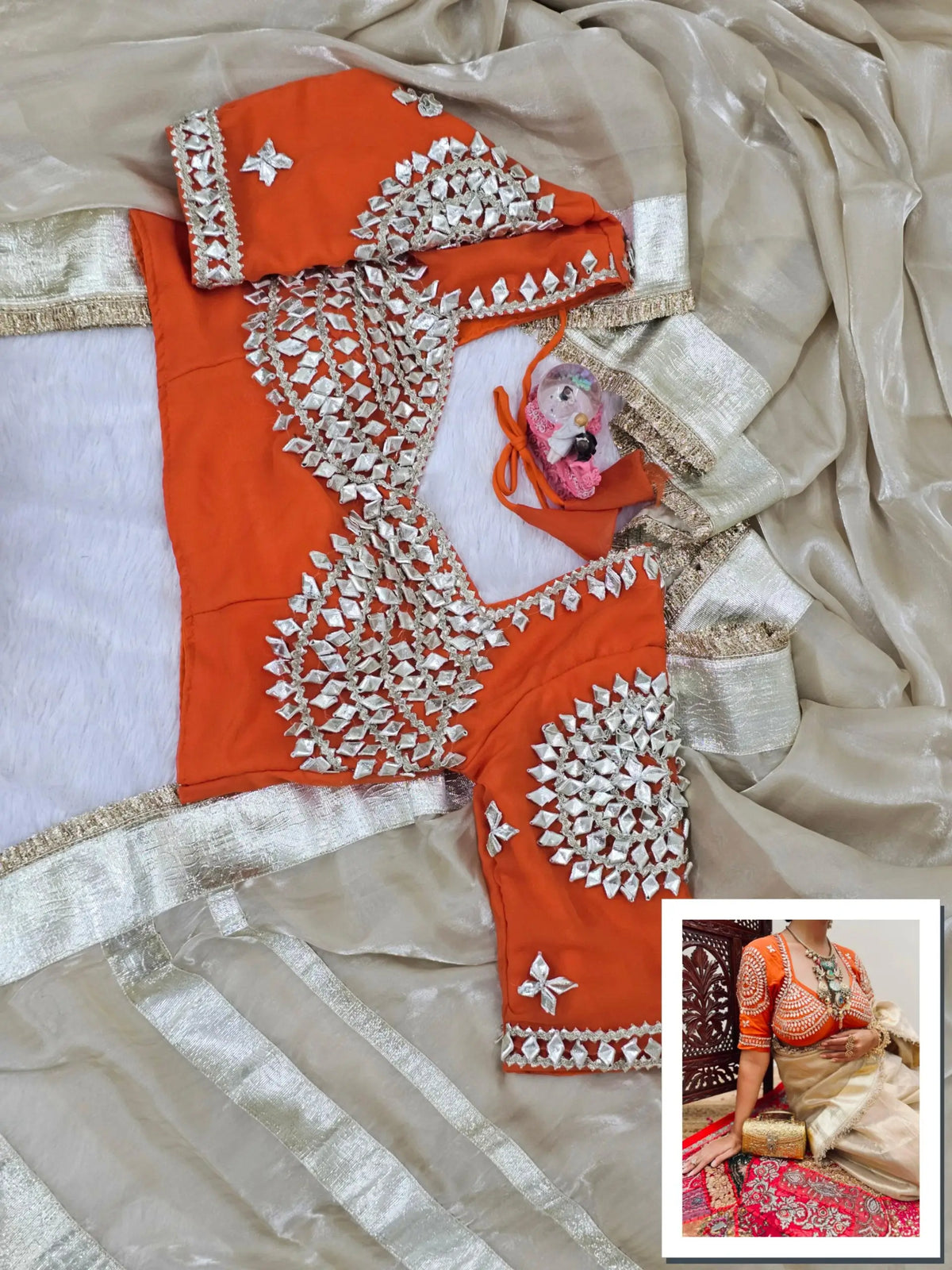 G-MEE Satin Silk Saree with Stitched Aangi Blouse with gota patti work