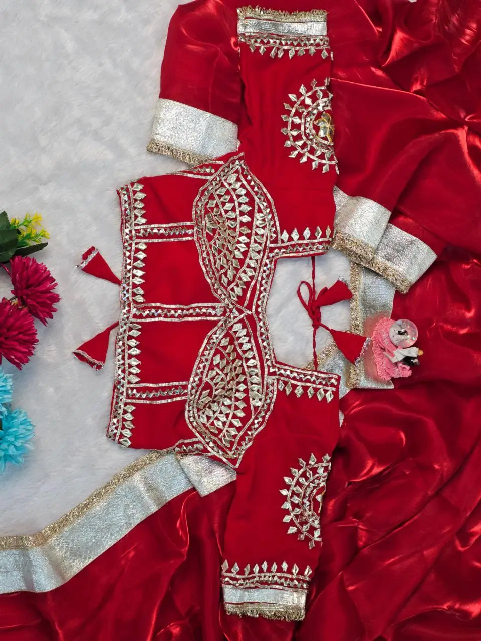 G-MEE Satin Silk Saree with Stitched Aangi Blouse with gota patti work
