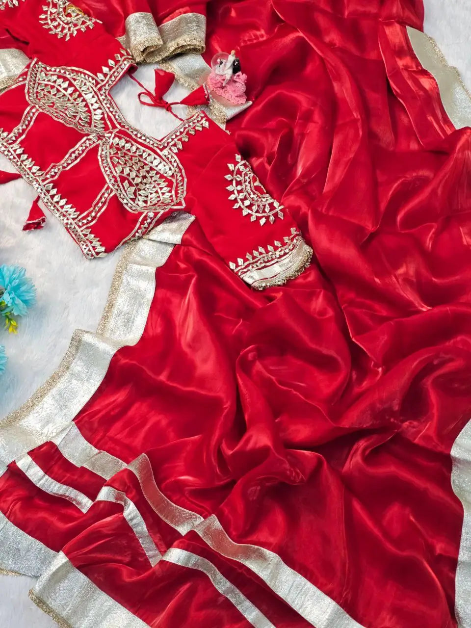 G-MEE Satin Silk Saree with Stitched Aangi Blouse with gota patti work