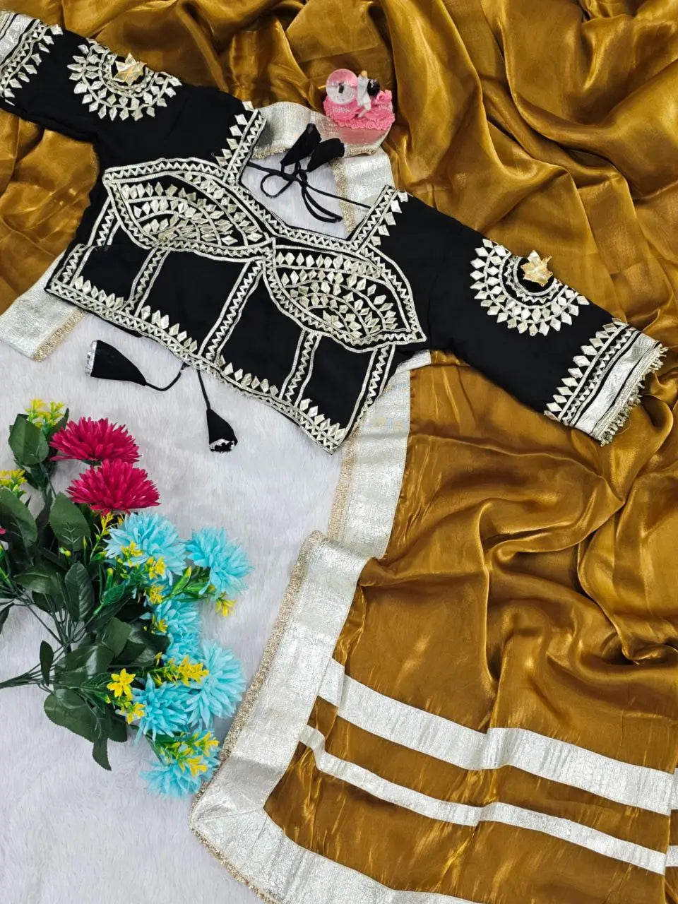 G-MEE Satin Silk Saree with Stitched Aangi Blouse with gota patti work