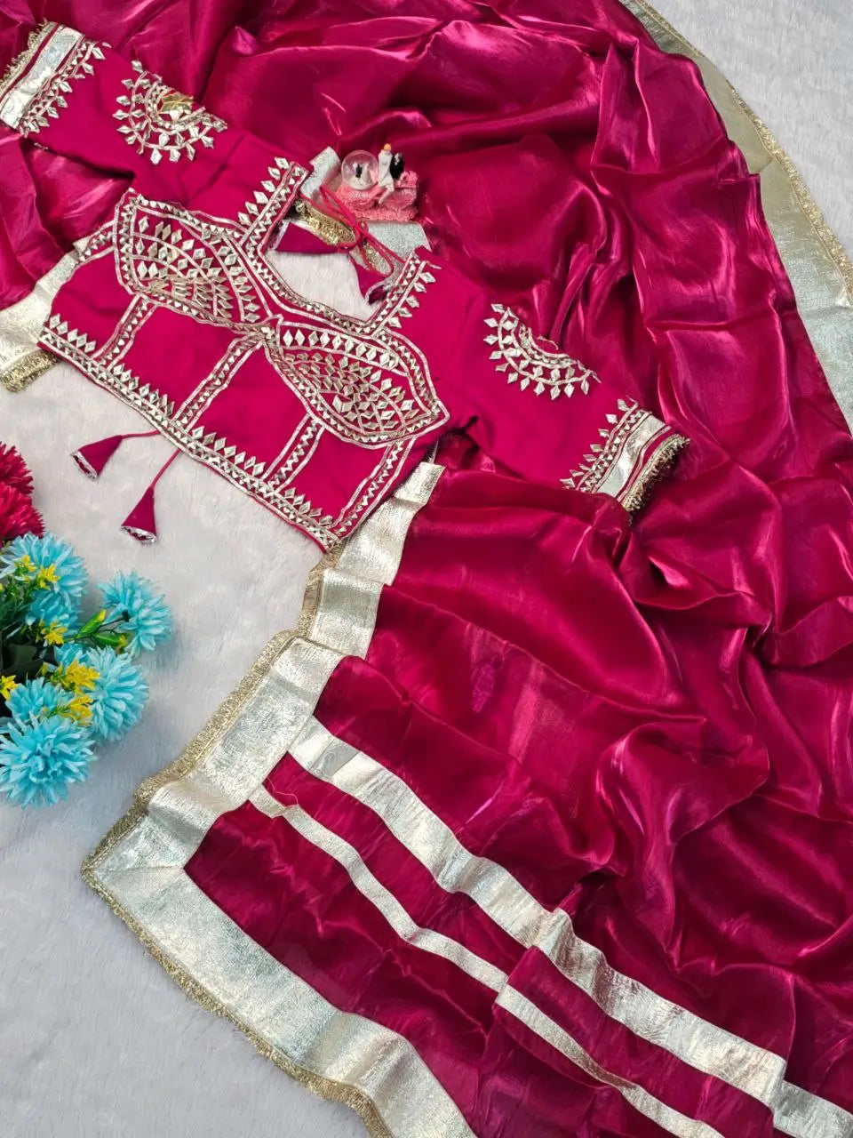 G-MEE Satin Silk Saree with Stitched Aangi Blouse with gota patti work