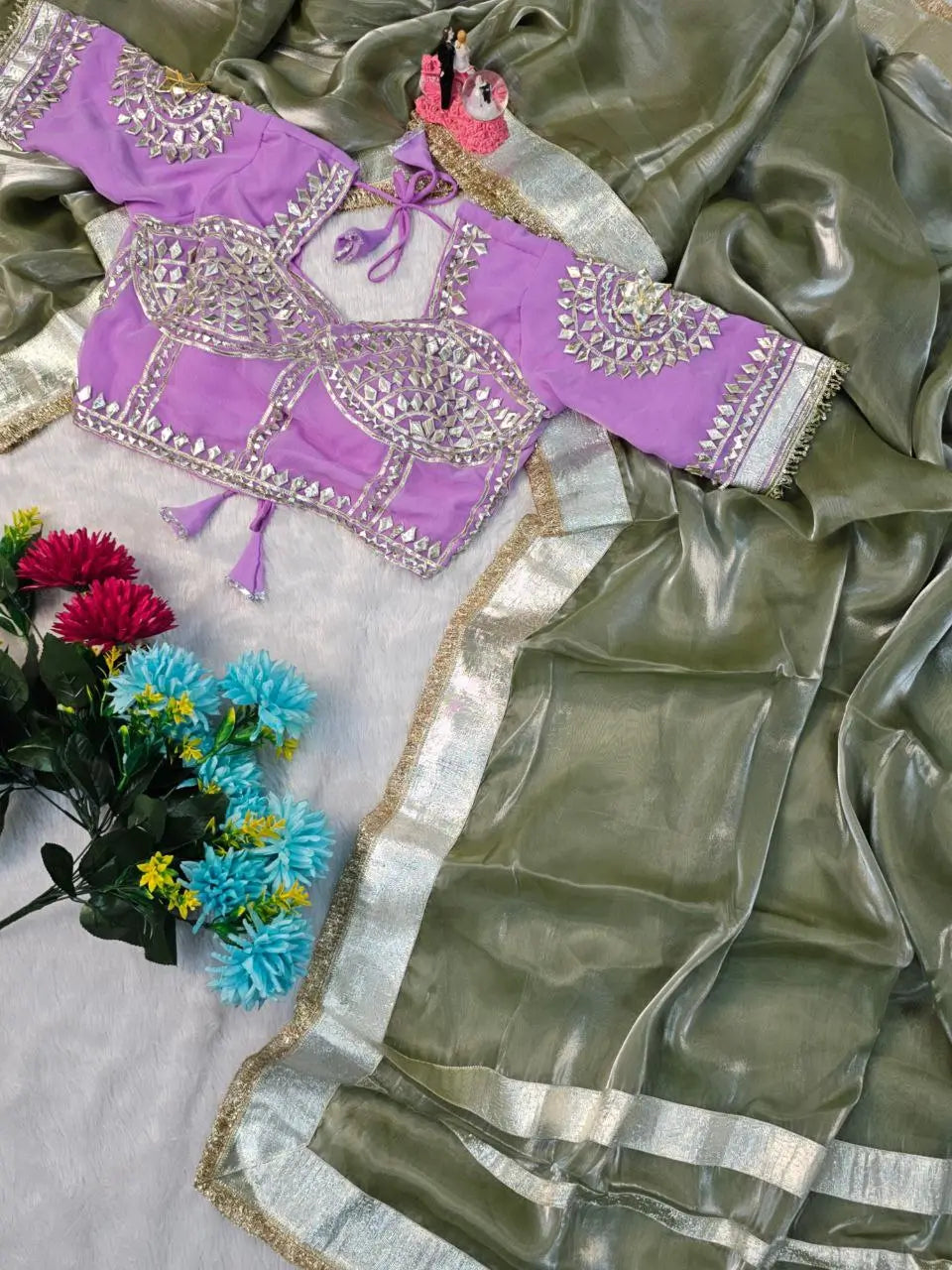 G-MEE Satin Silk Saree with Stitched Aangi Blouse with gota patti work