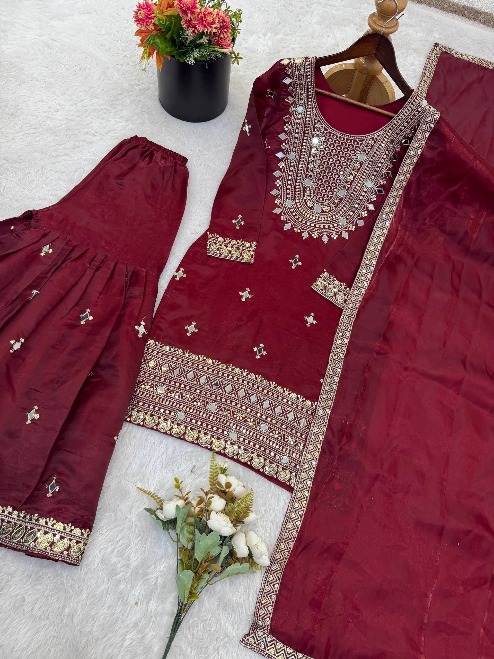 GMY Silk Mirror Work Sharara Set with Dupatta
