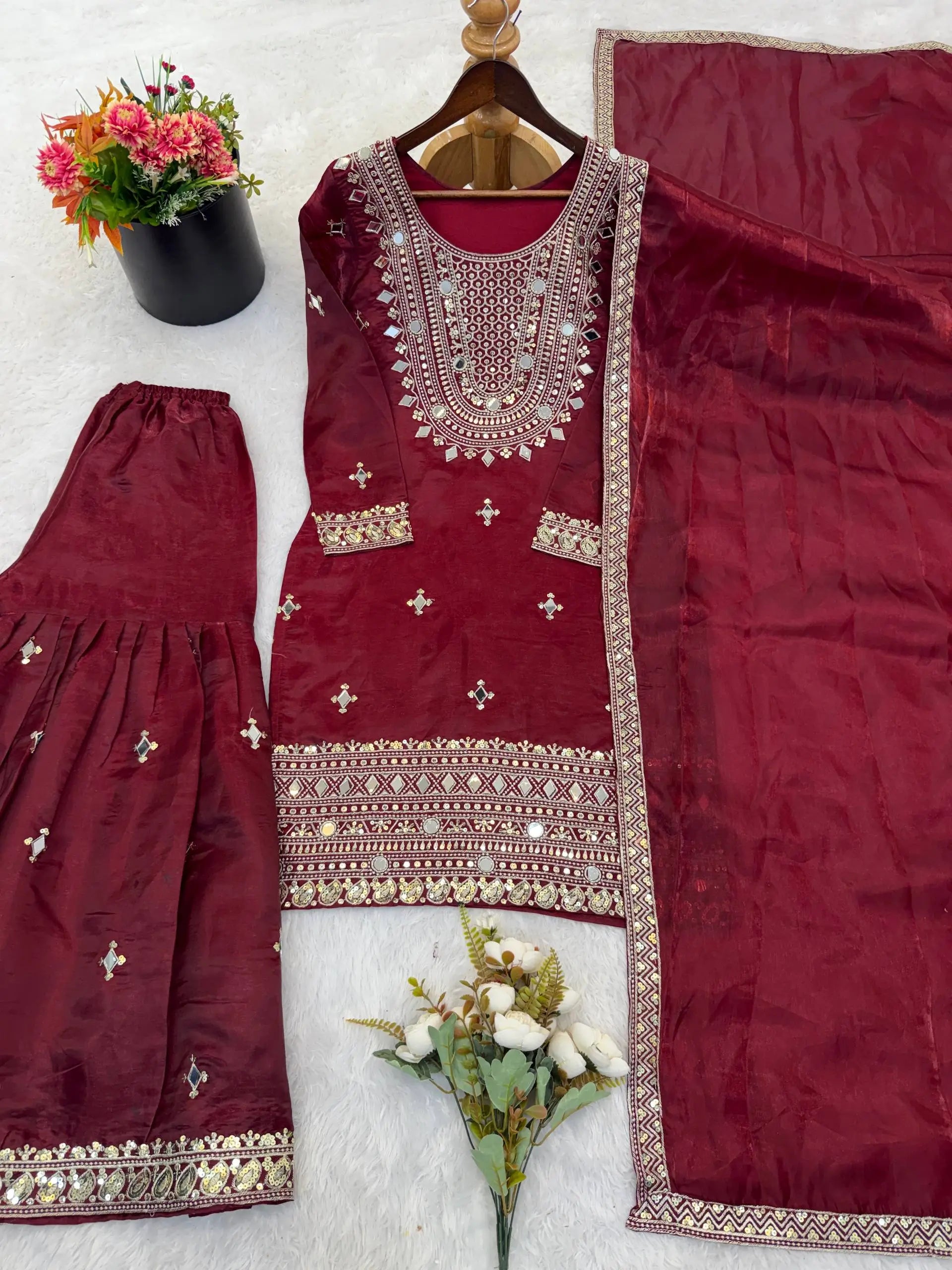 GMY Silk Mirror Work Sharara Set with Dupatta