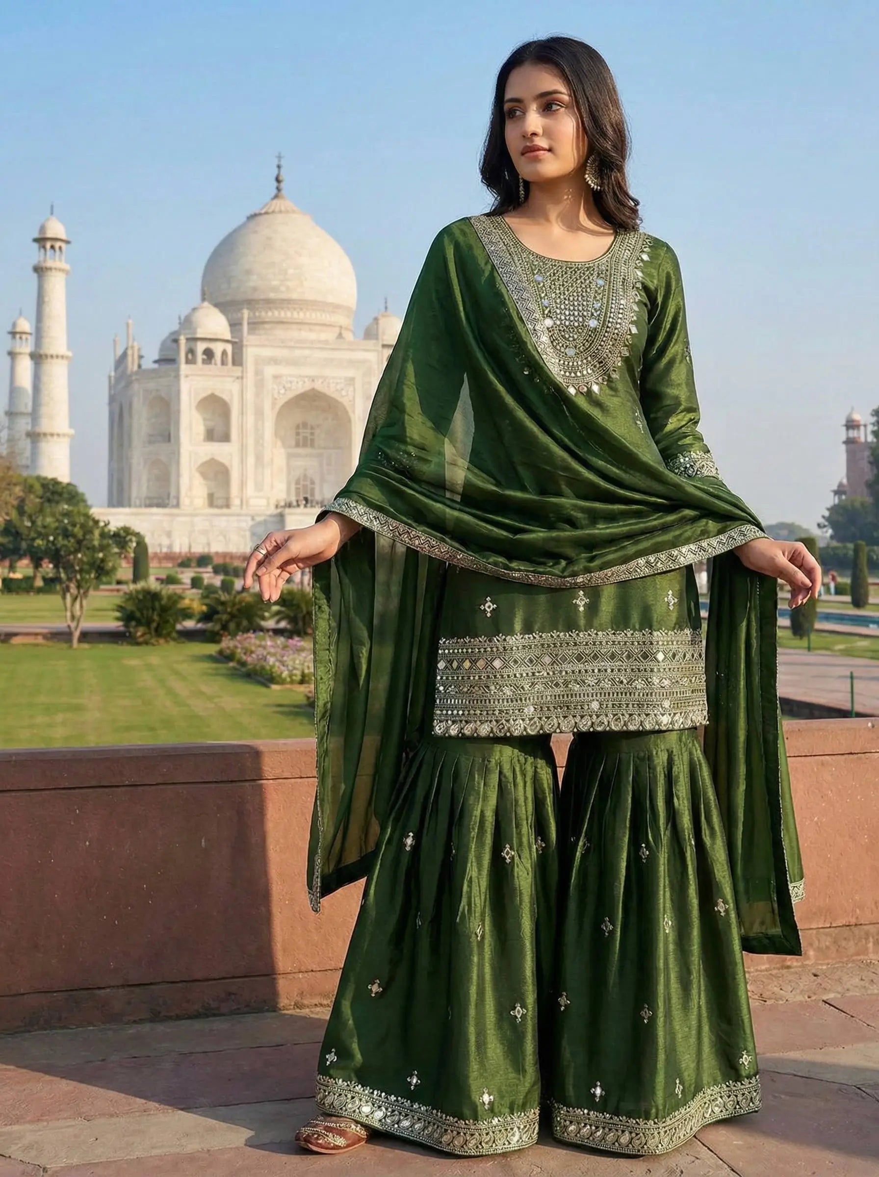 GMY Silk Mirror Work Sharara Set with Dupatta
