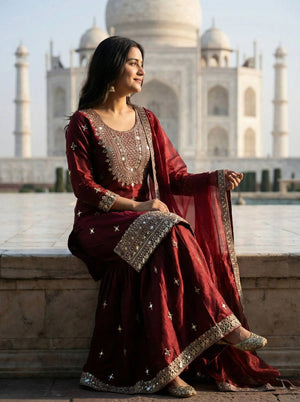 GMY Silk Mirror Work Sharara Set with Dupatta