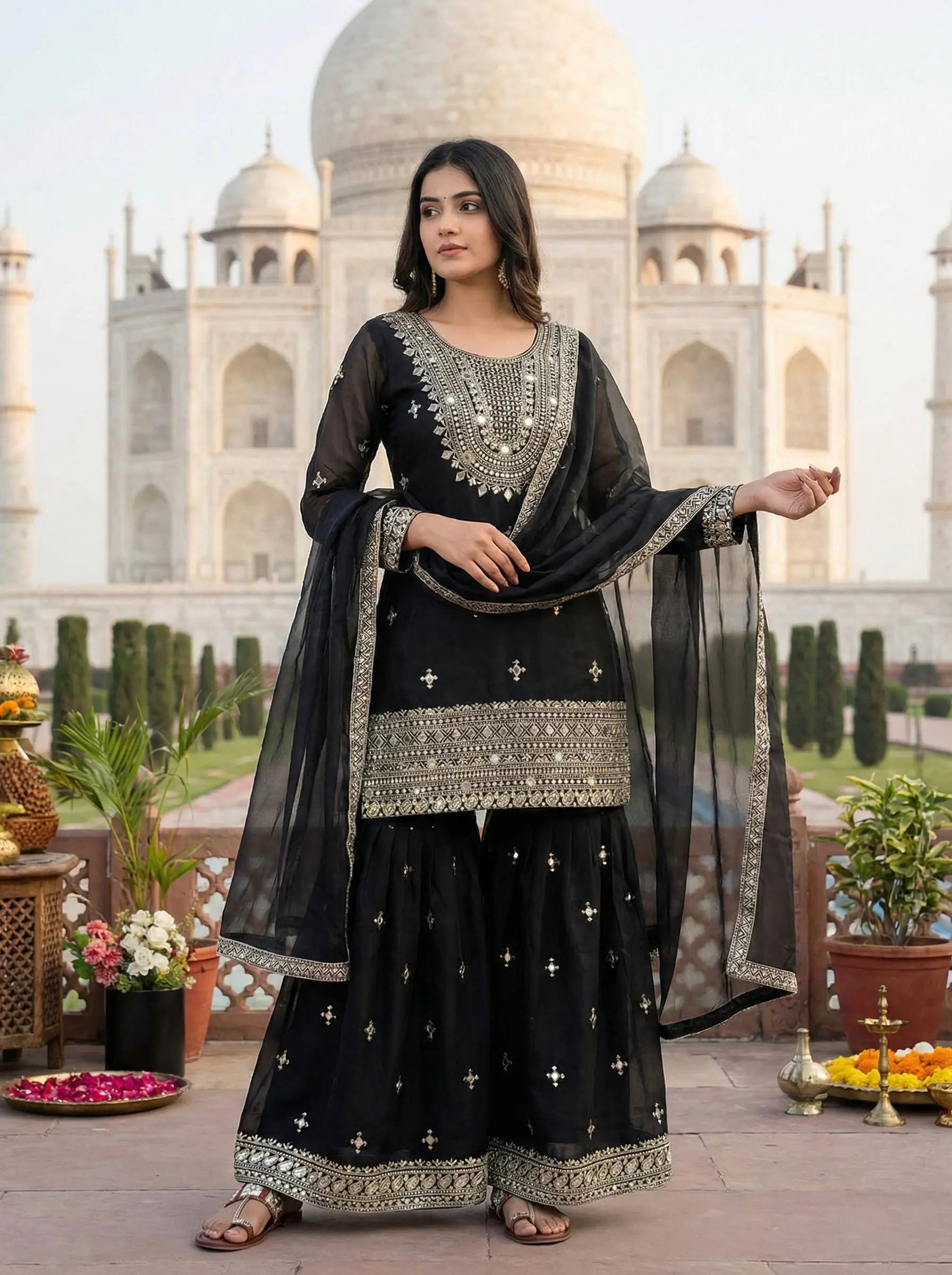 GMY Silk Mirror Work Sharara Set with Dupatta