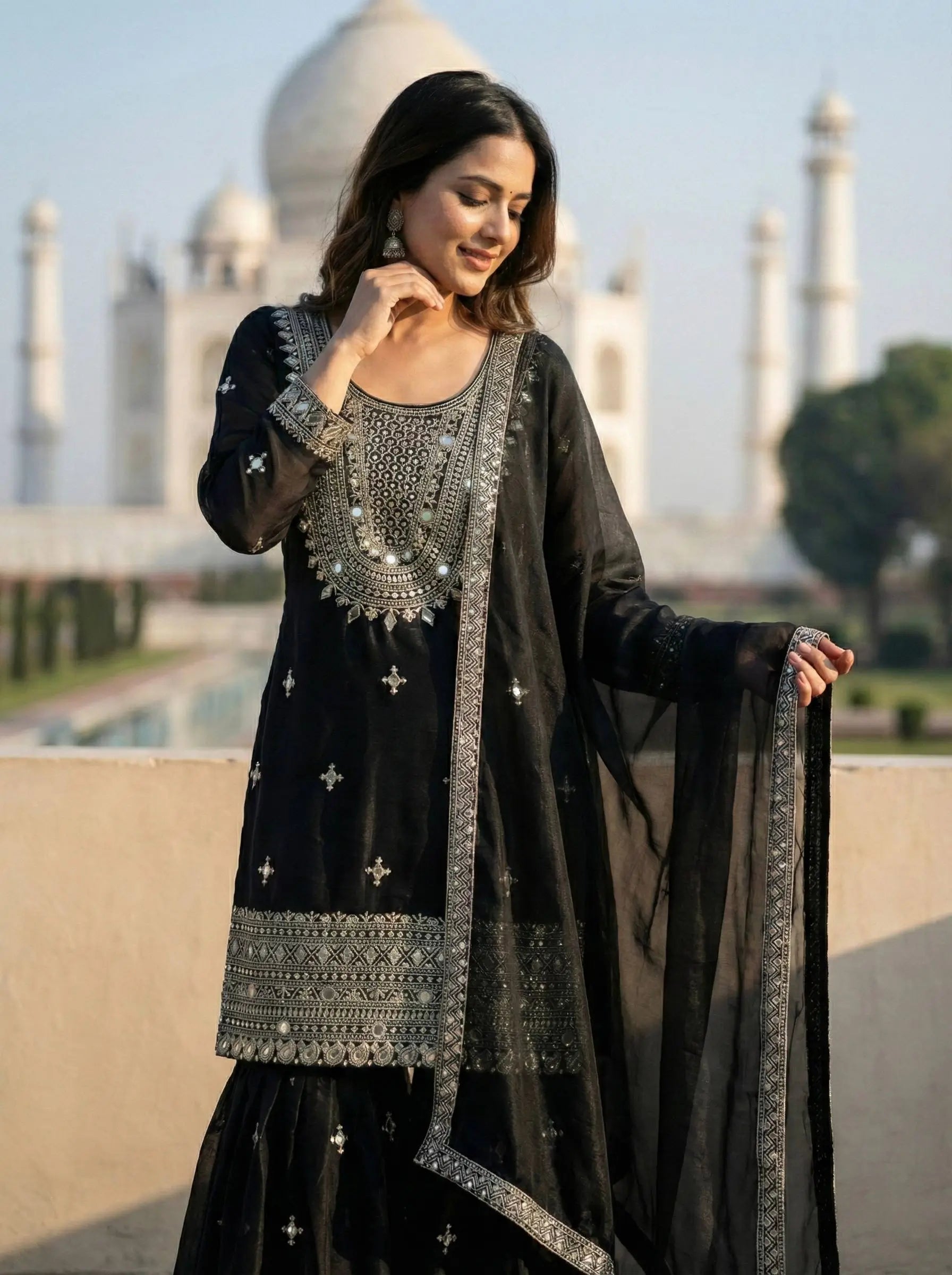 GMY Silk Mirror Work Sharara Set with Dupatta
