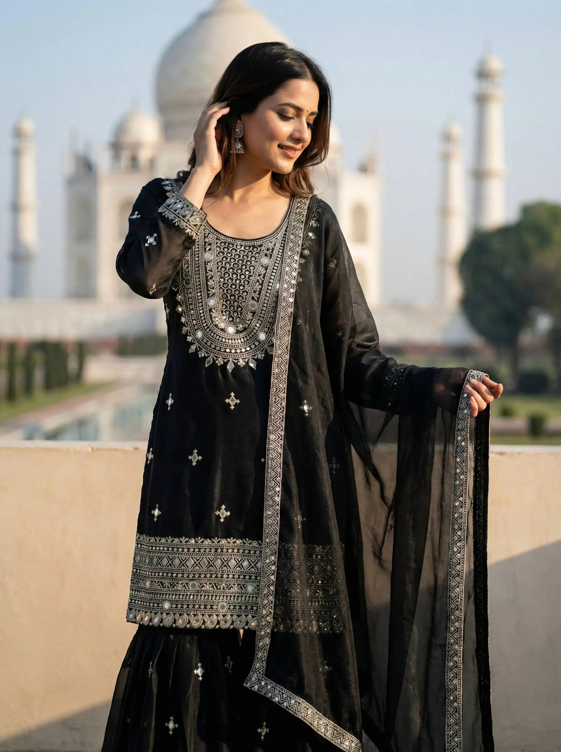 GMY Silk Mirror Work Sharara Set with Dupatta