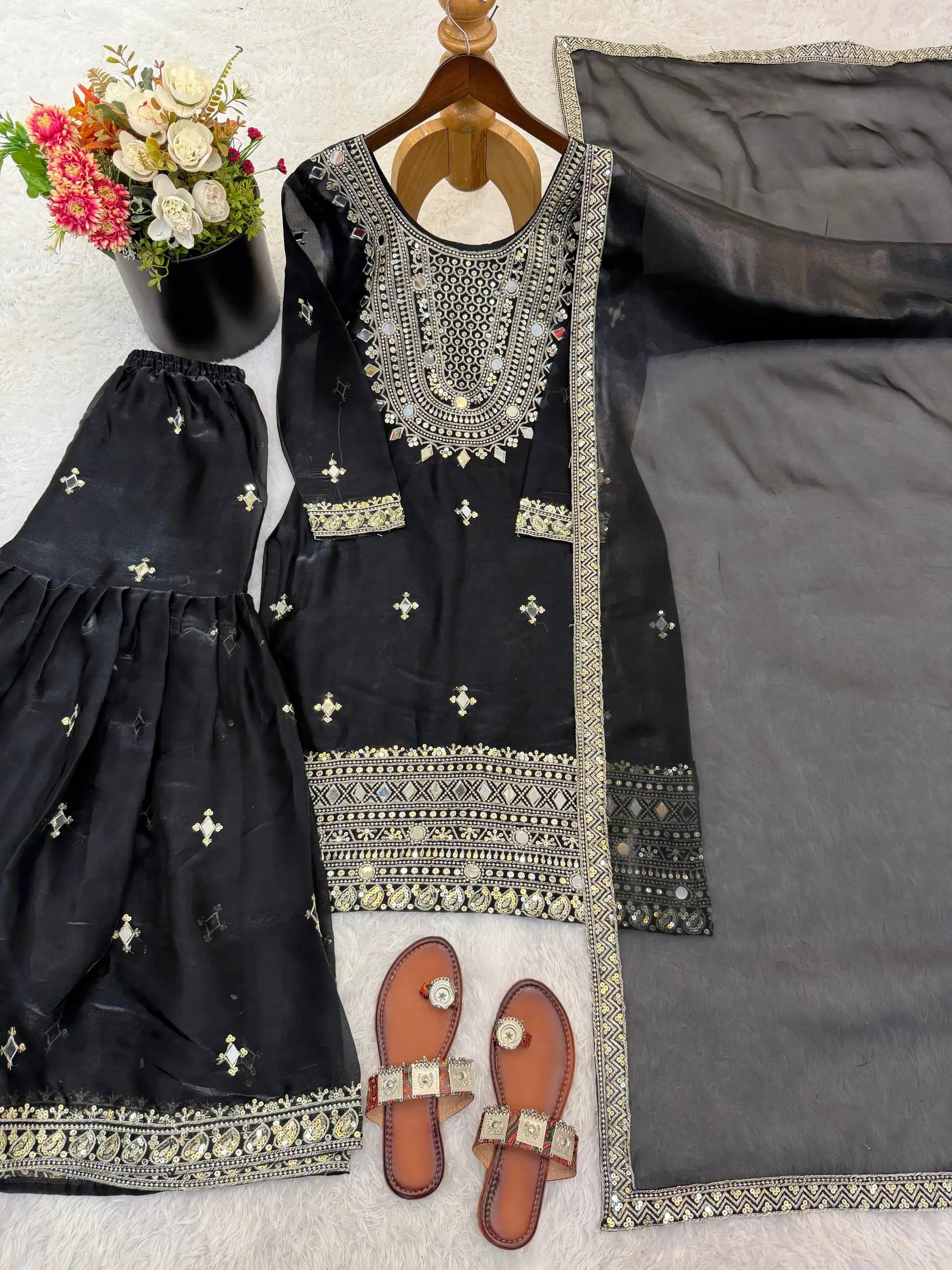 GMY Silk Mirror Work Sharara Set with Dupatta