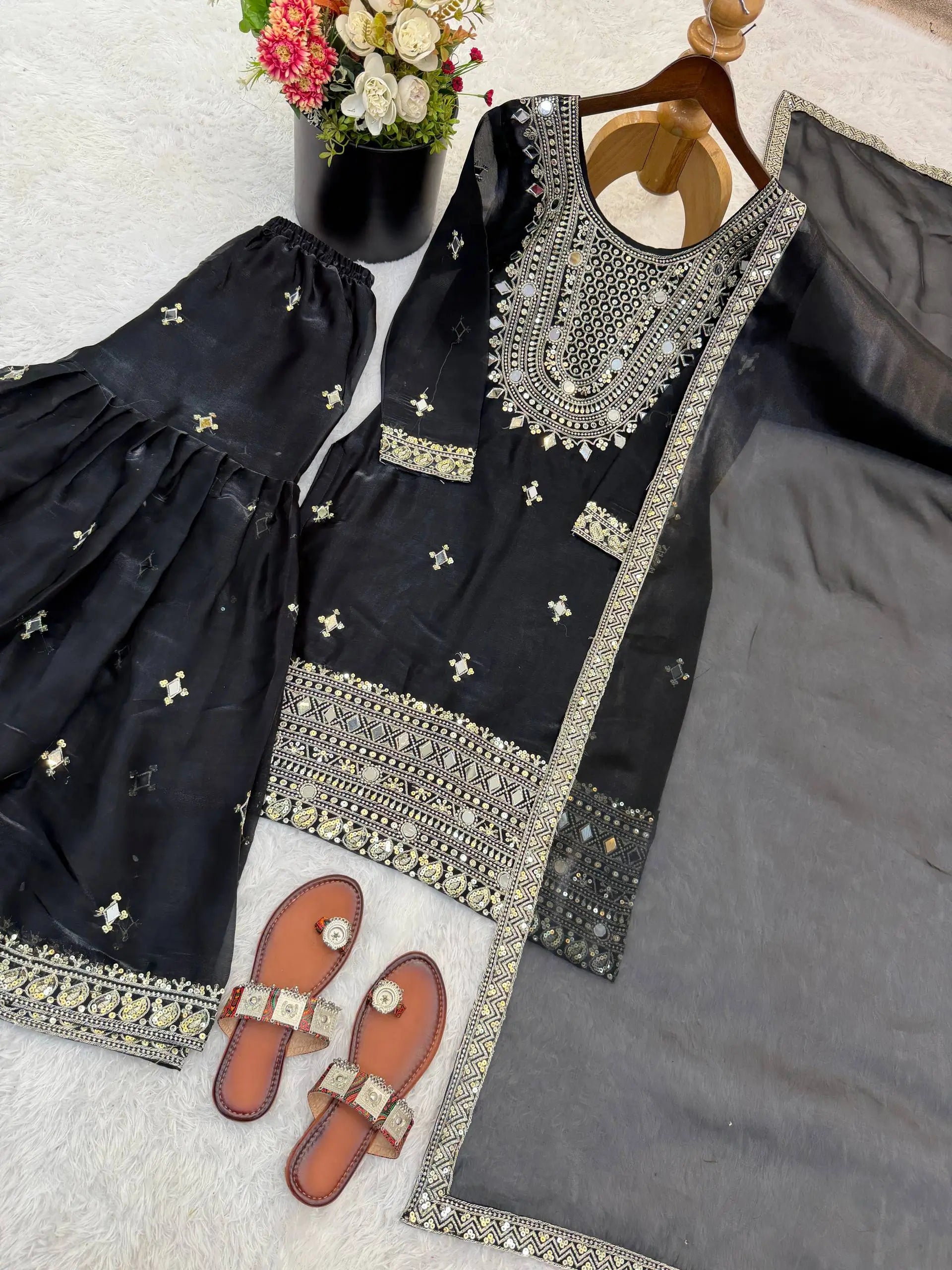 GMY Silk Mirror Work Sharara Set with Dupatta