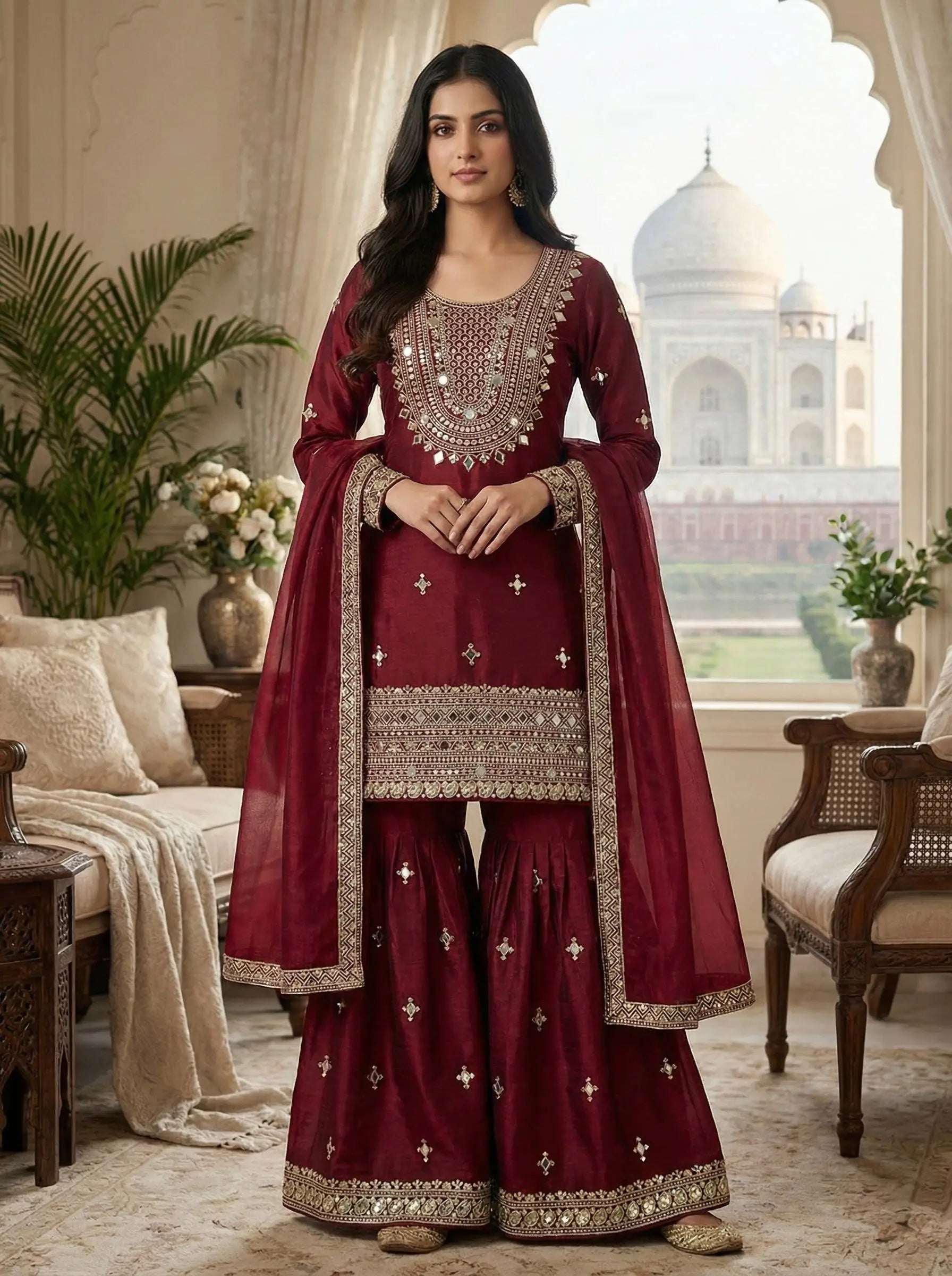 GMY Silk Mirror Work Sharara Set with Dupatta