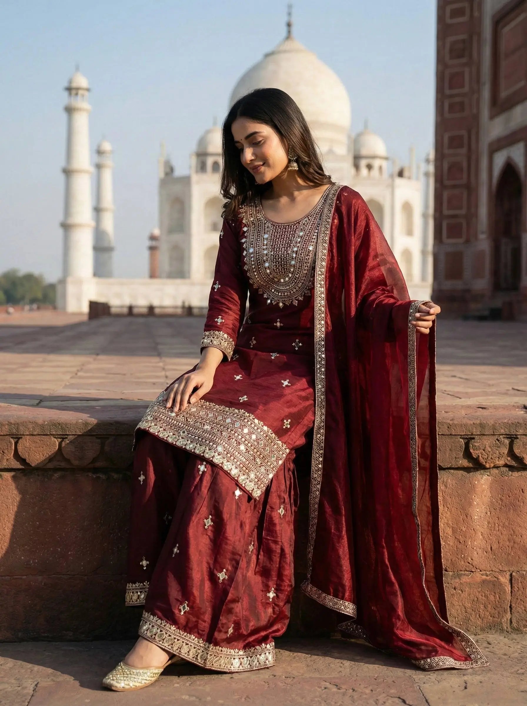 GMY Silk Mirror Work Sharara Set with Dupatta