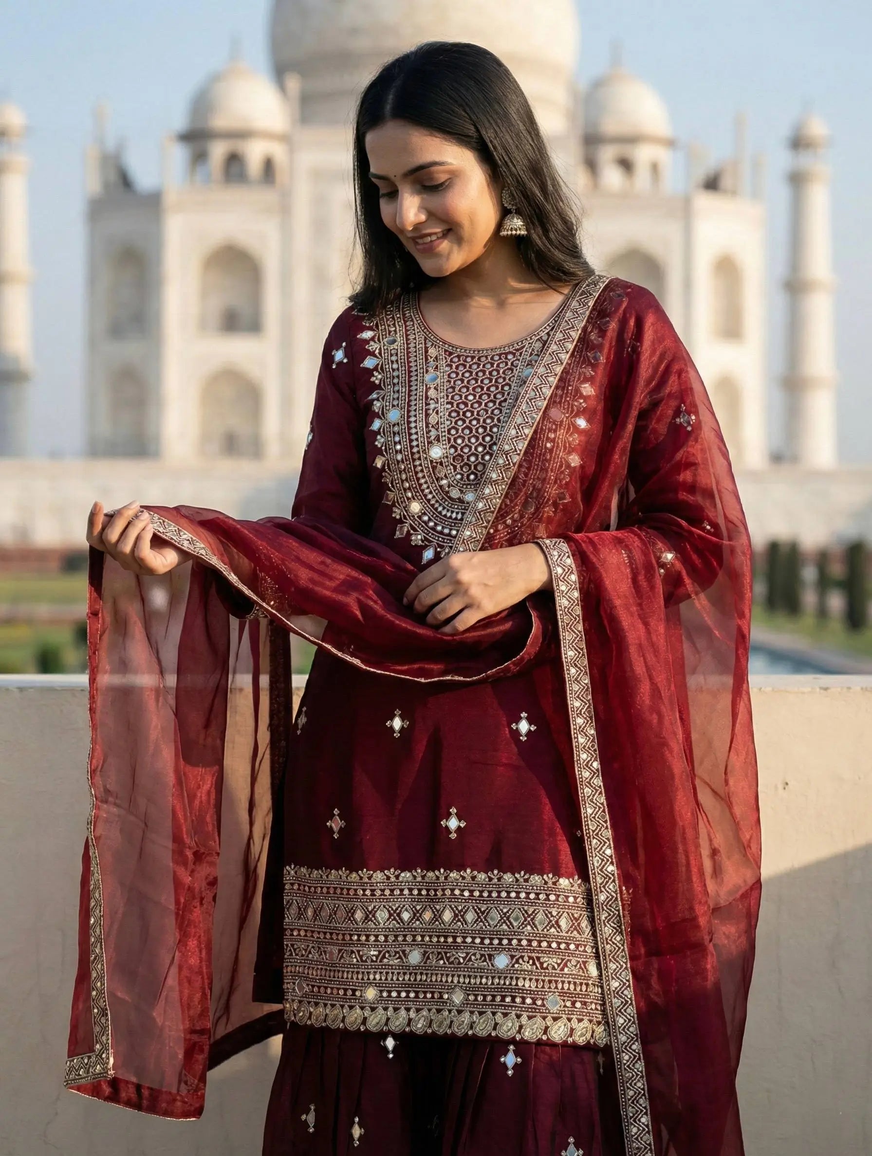 GMY Silk Mirror Work Sharara Set with Dupatta