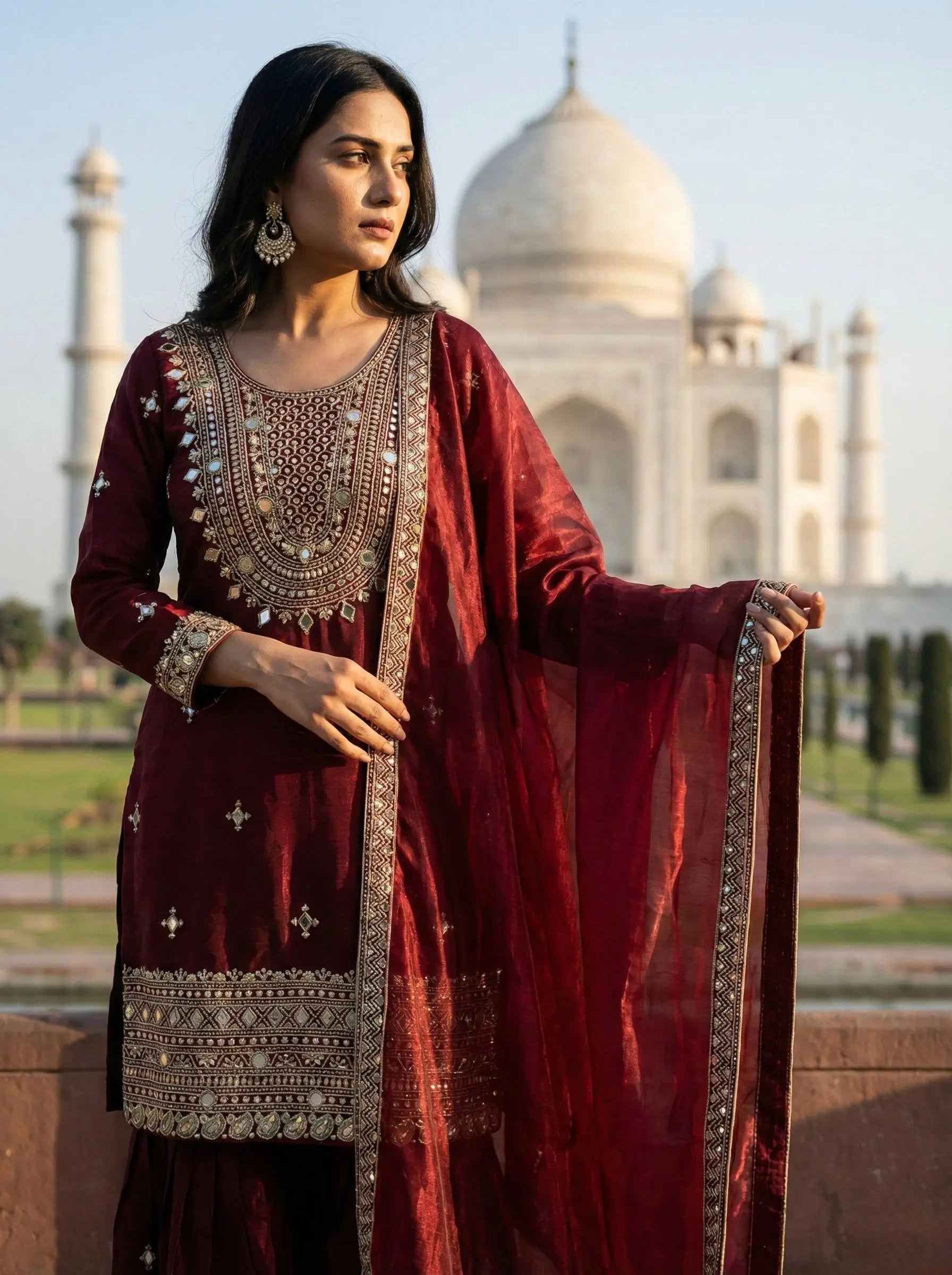 GMY Silk Mirror Work Sharara Set with Dupatta