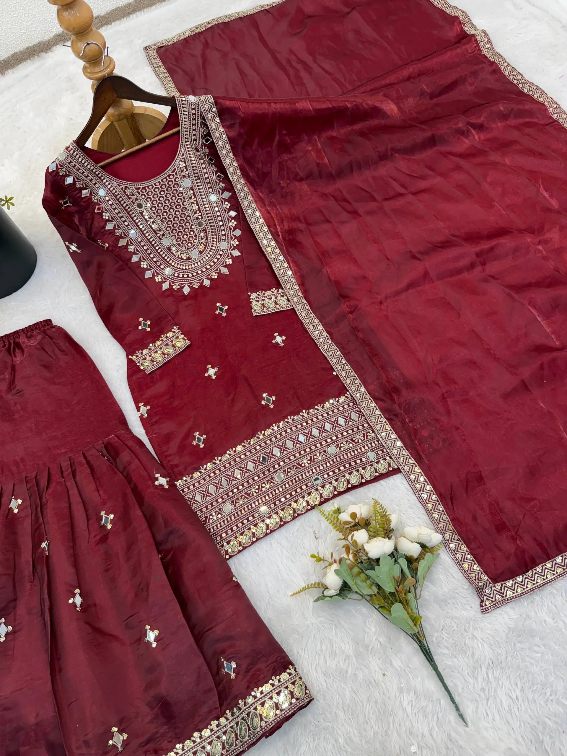 GMY Silk Mirror Work Sharara Set with Dupatta