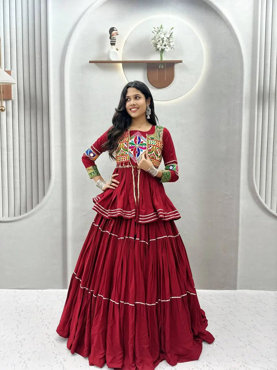 Gamthi Mirror Tiered Koti Lehenga