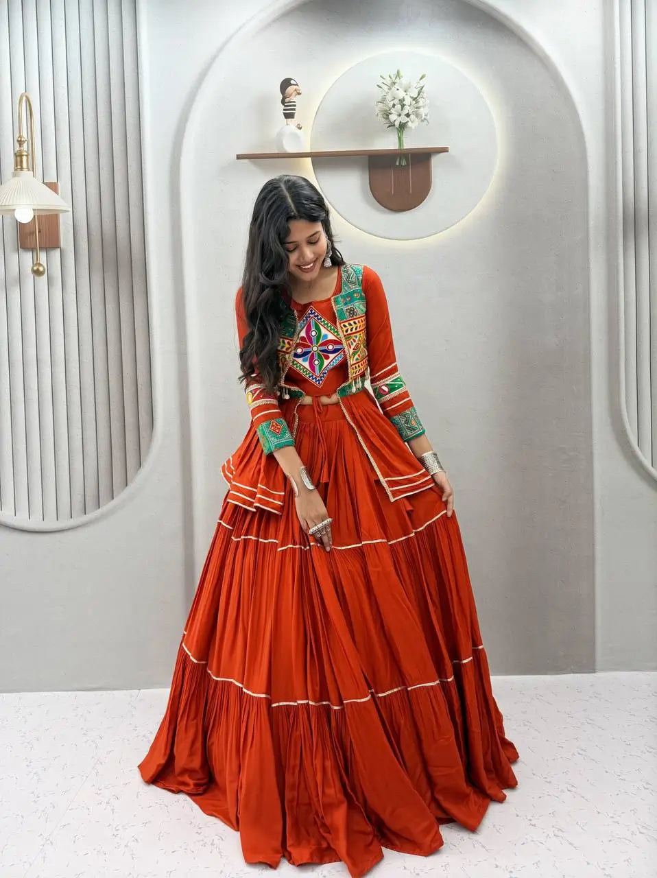 Gamthi Mirror Tiered Koti Lehenga