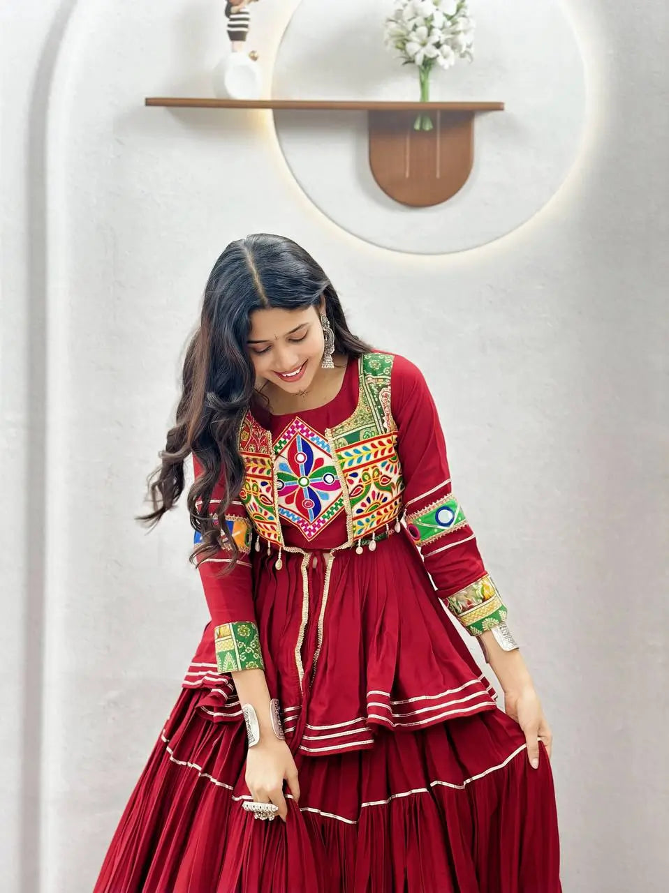 Gamthi Mirror Tiered Koti Lehenga