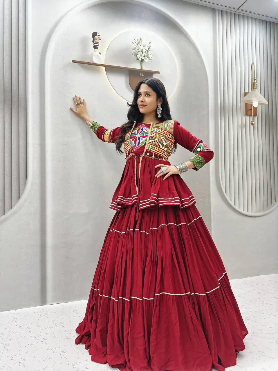 Gamthi Mirror Tiered Koti Lehenga