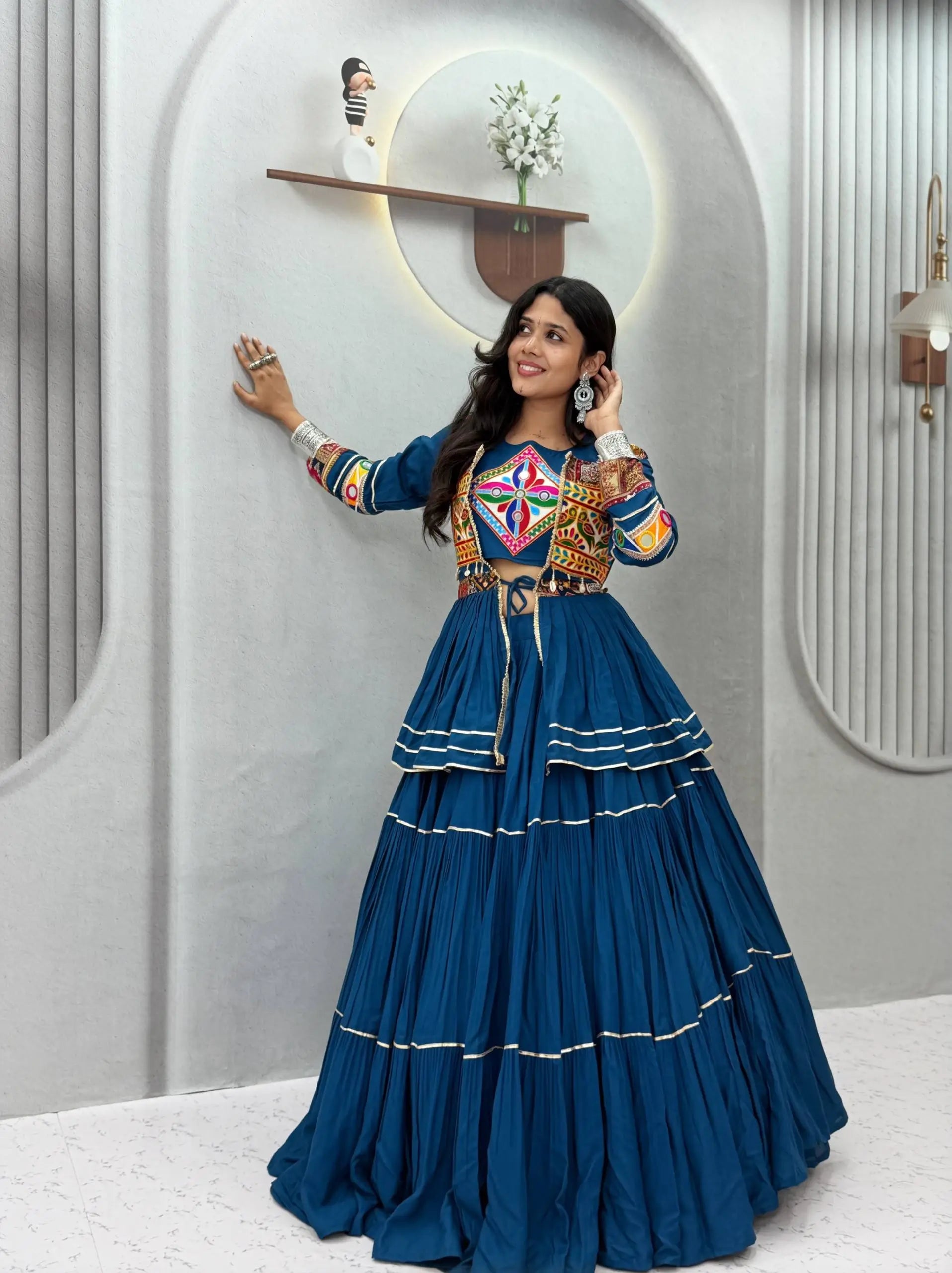 Gamthi Mirror Tiered Koti Lehenga