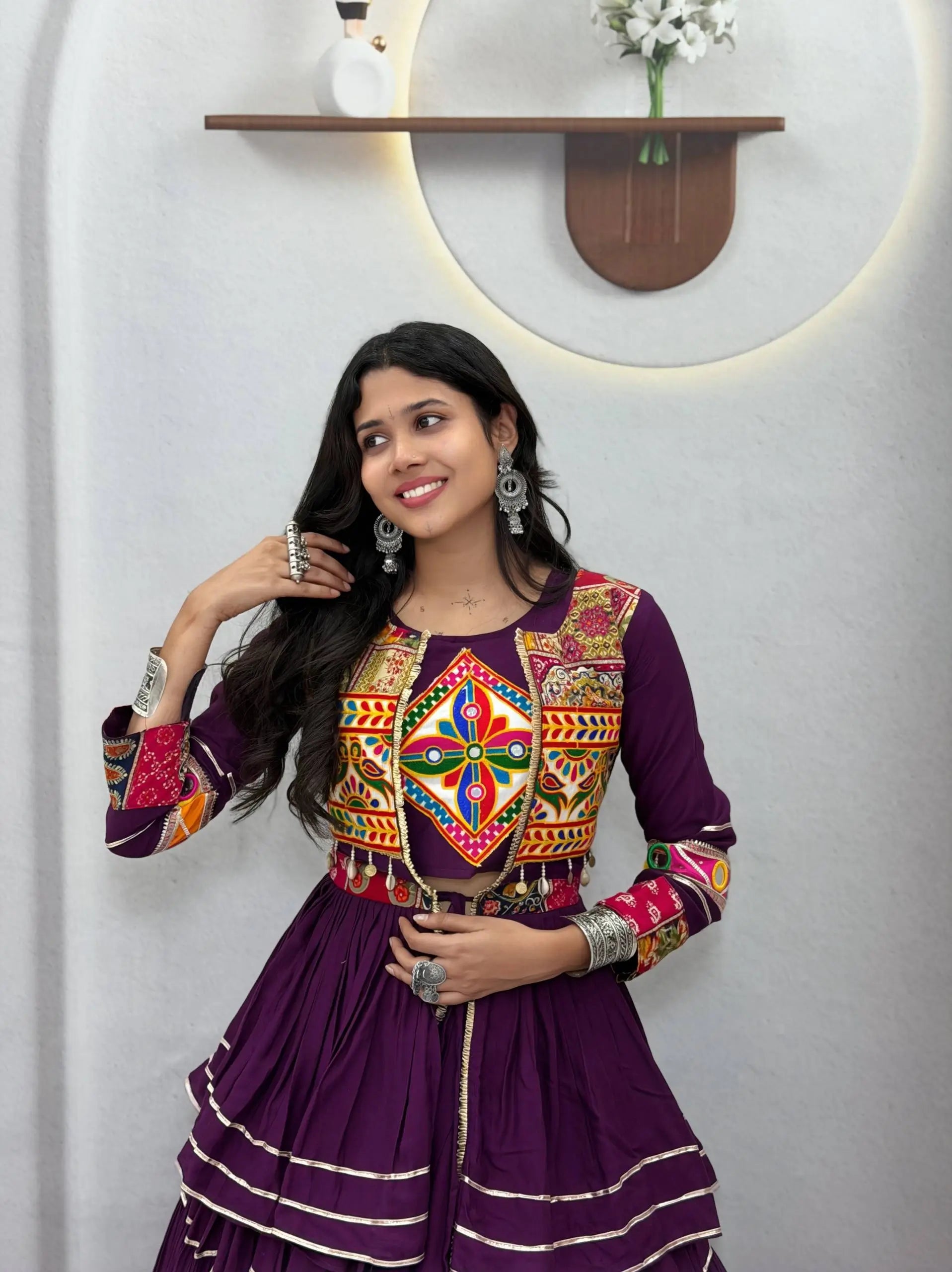 Gamthi Mirror Tiered Koti Lehenga