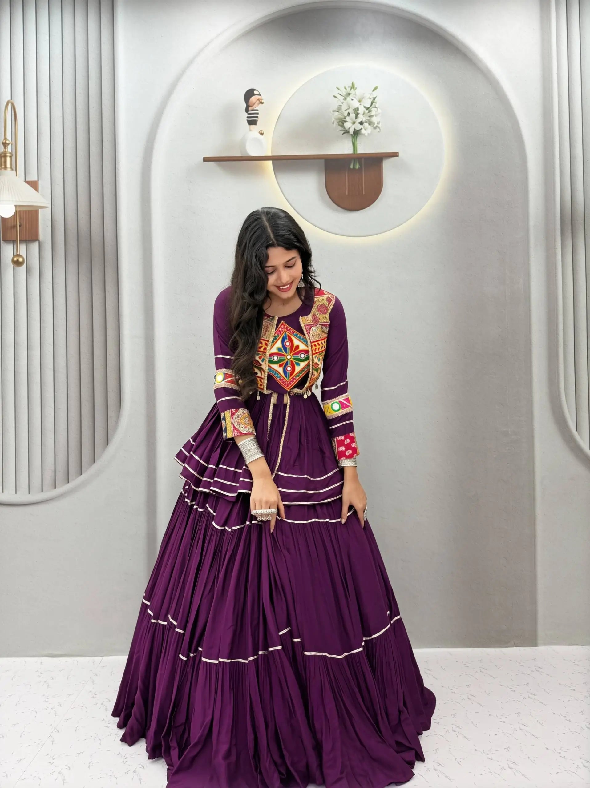 Gamthi Mirror Tiered Koti Lehenga