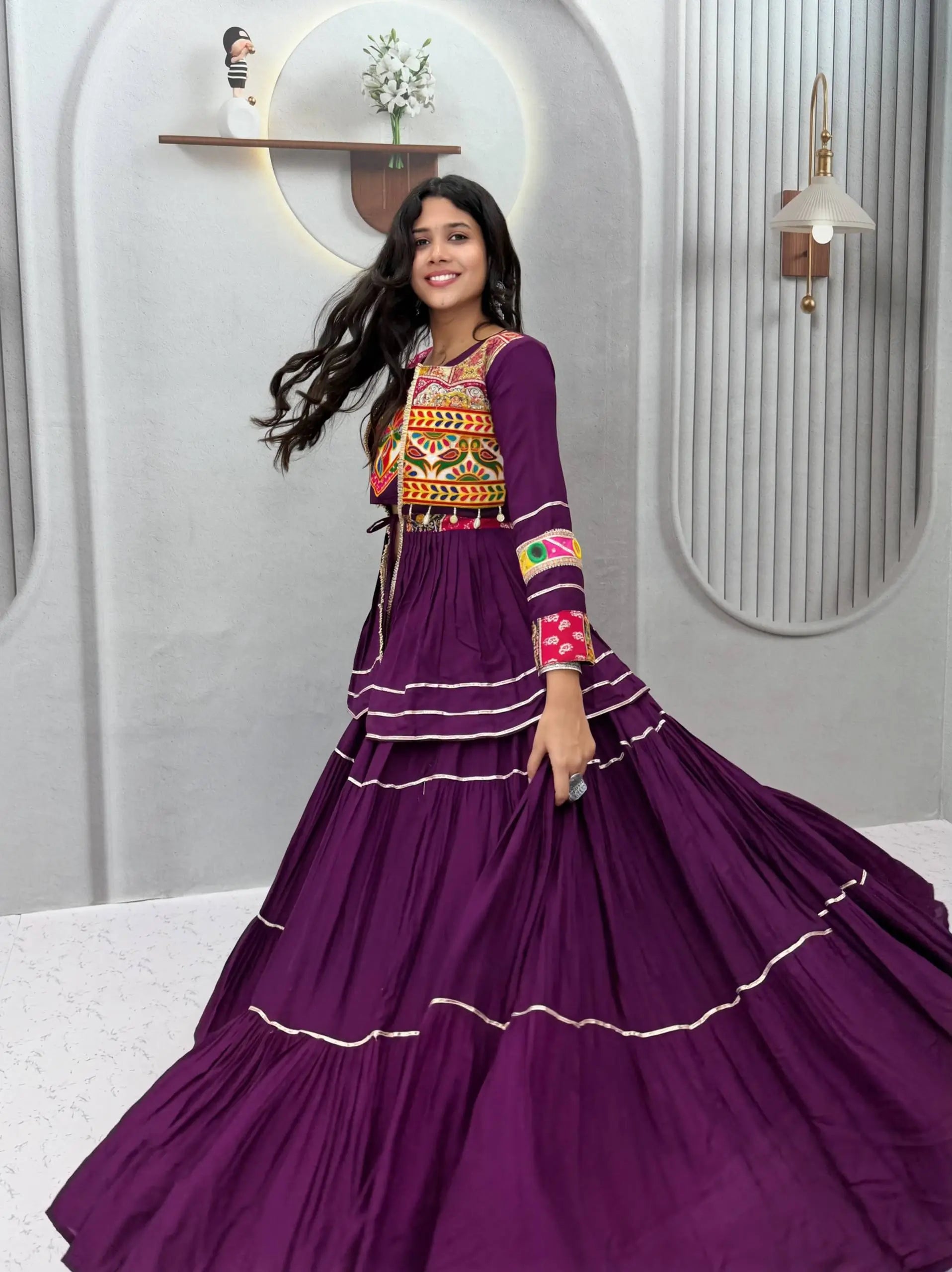 Gamthi Mirror Tiered Koti Lehenga